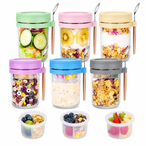 Ocalpur 6 packs of overnight oat jars with lids and spoons, 16 ounce glass breakfast container with detachable cup lids, 6 colors of leak proof meal preparation jars, suitable for yogurt, grains. Ocalpur 6 packs of overnight oat jars with lids and spoons, 16 ounce glass breakfast container with detachable cup lids, 6 colors of leak proof meal preparation jars, suitable for yogurt, grains.