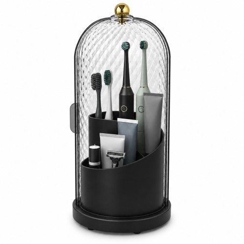 Ocalpur Toothbrush Holders with Cover, Rotating Toothbrush Storage for Bathroom Countertop, 3 Slots Tooth Brush Toothpaste Holder, Sliding Door, Drainage Holes(Black)
